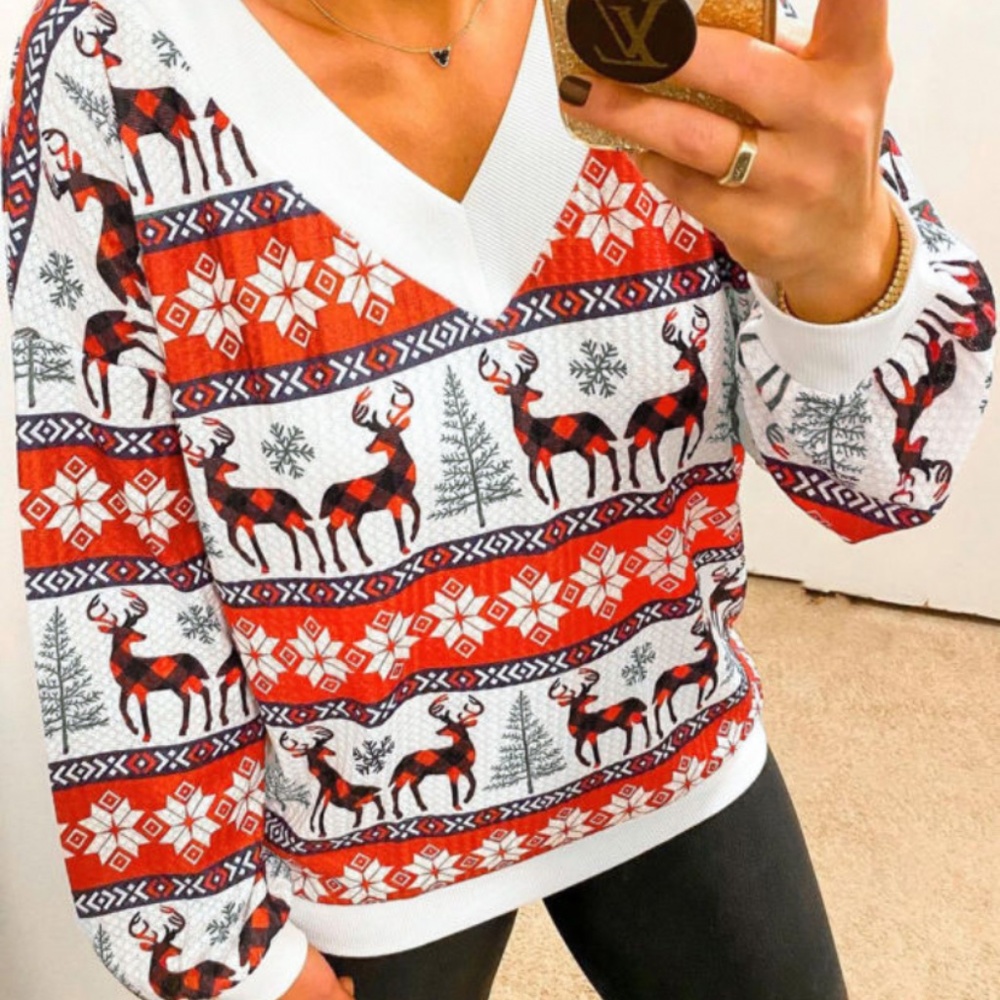 New Christmas Print V-Neck Sweatshirt